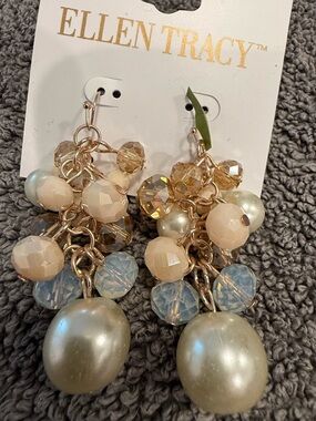 Ellen Tracy dangle earrings pearls geometric semi sheer beads